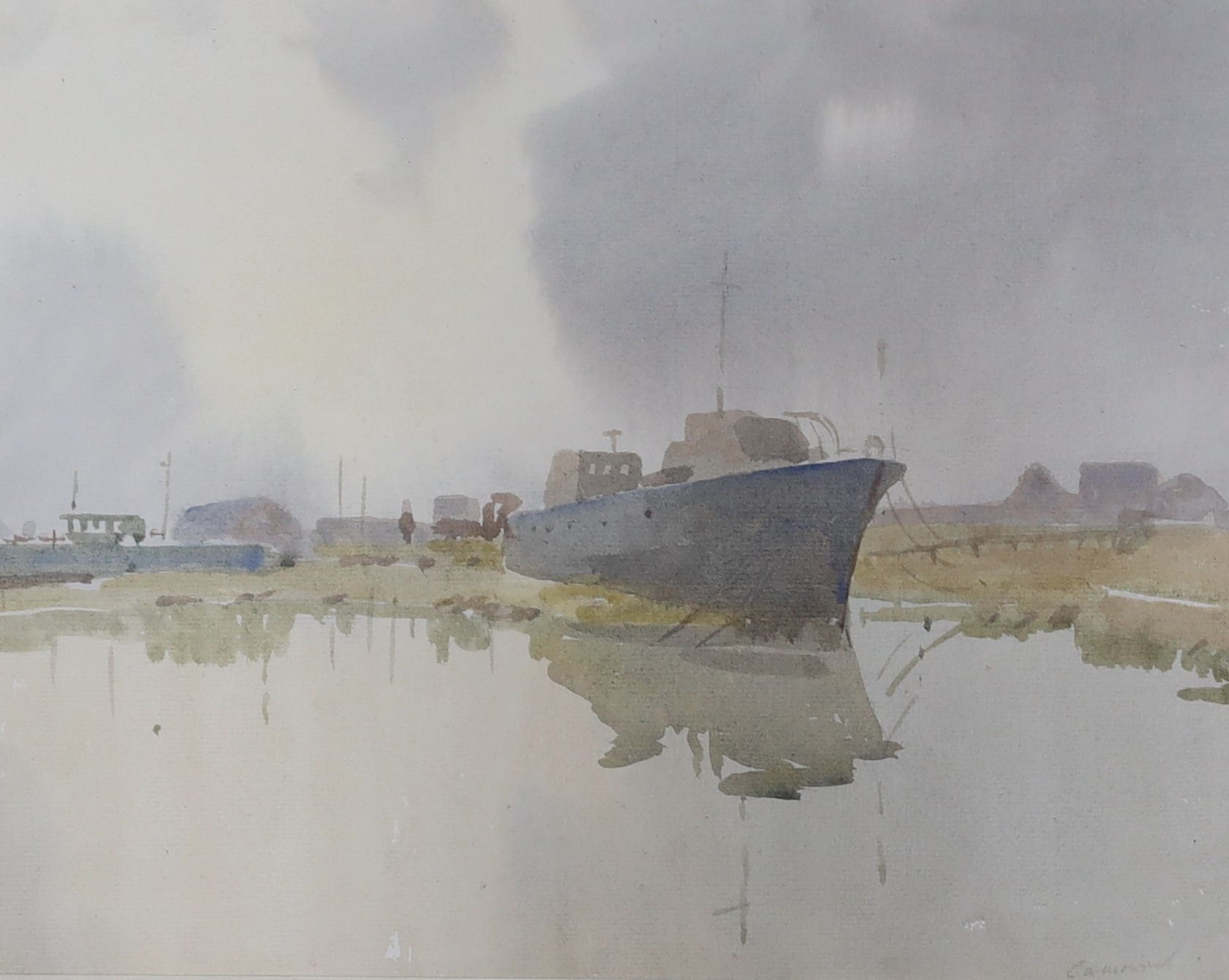 Wapping Group, watercolour, River landscape with moored vessel, indistinctly signed Can..., 23 x 30cm